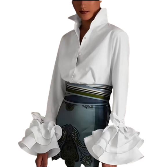 Elegant Layered Ruffle Sleeve Button Up Turn Down Collar Blouse - Picture 1 of 9